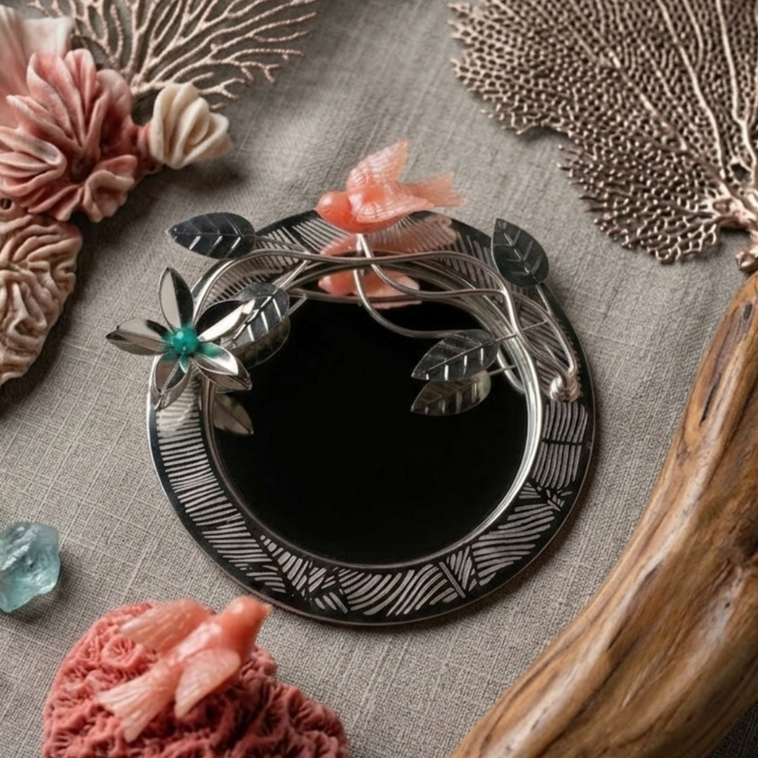 Silver Plated Round Platter with Flower & Resin Bird in Premium Gift Box
