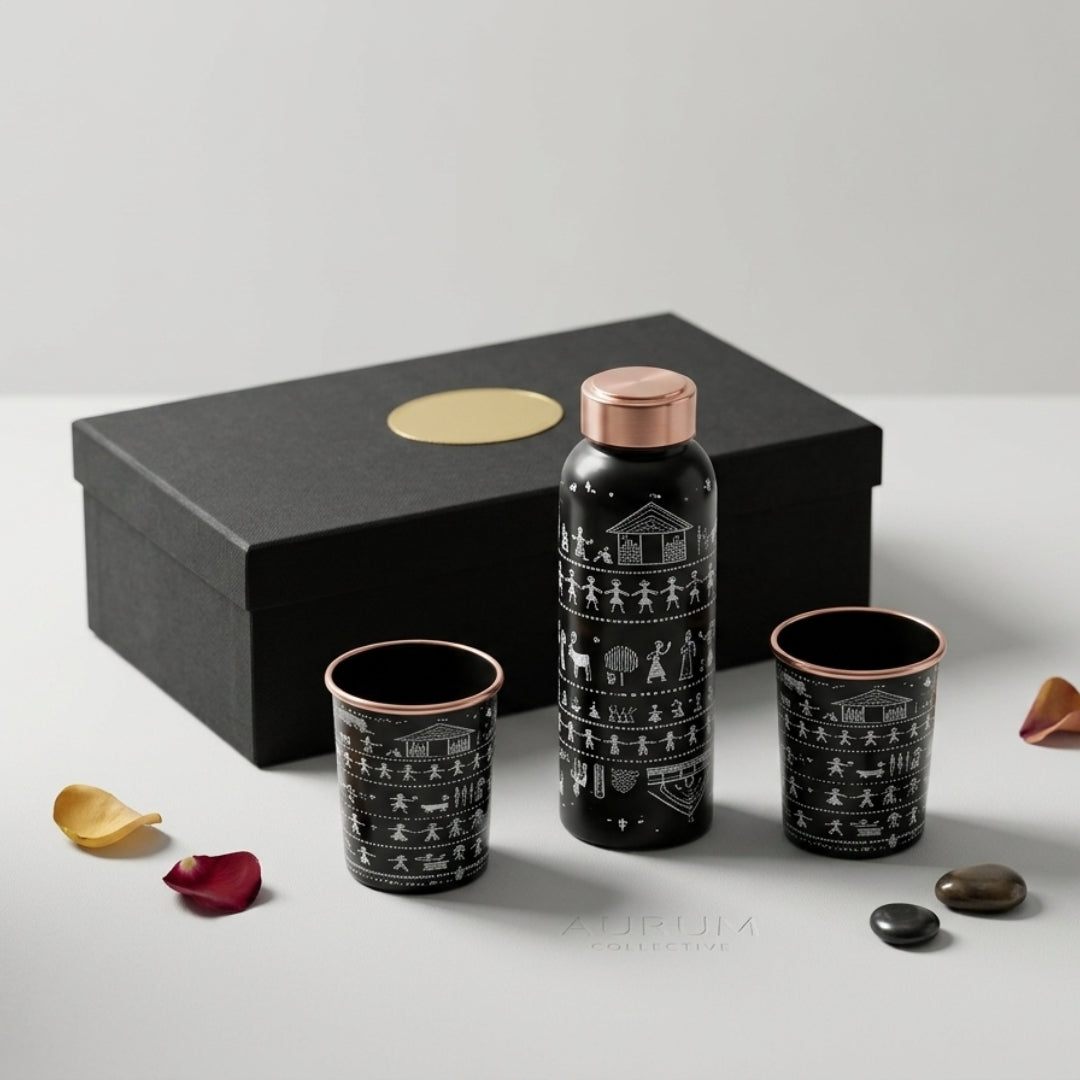 Handcrafted Copper Bottle and 2 Glass Set with Enamel Warli Print