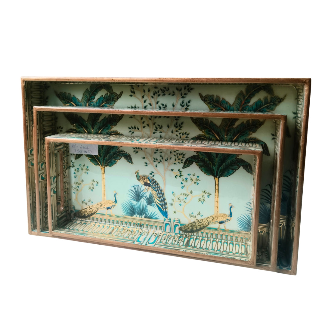 Peacock Design Enamel Tray(Tray Set of 3)