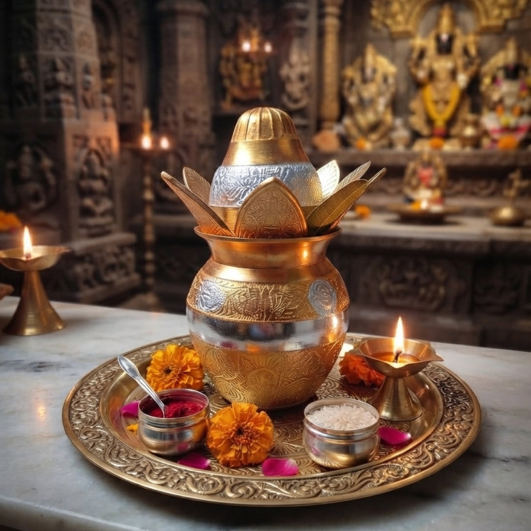 Gold Plated Kalash with Coconut Set in Turquoise Velvet Box for Worship