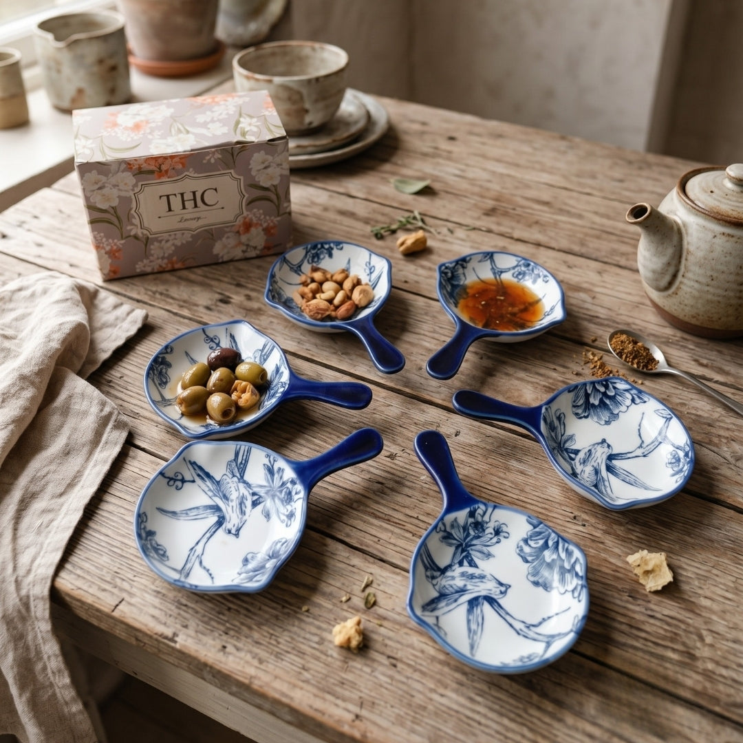 6 Pcs Blue & White Floral Ceramic Round Dip Bowl Set