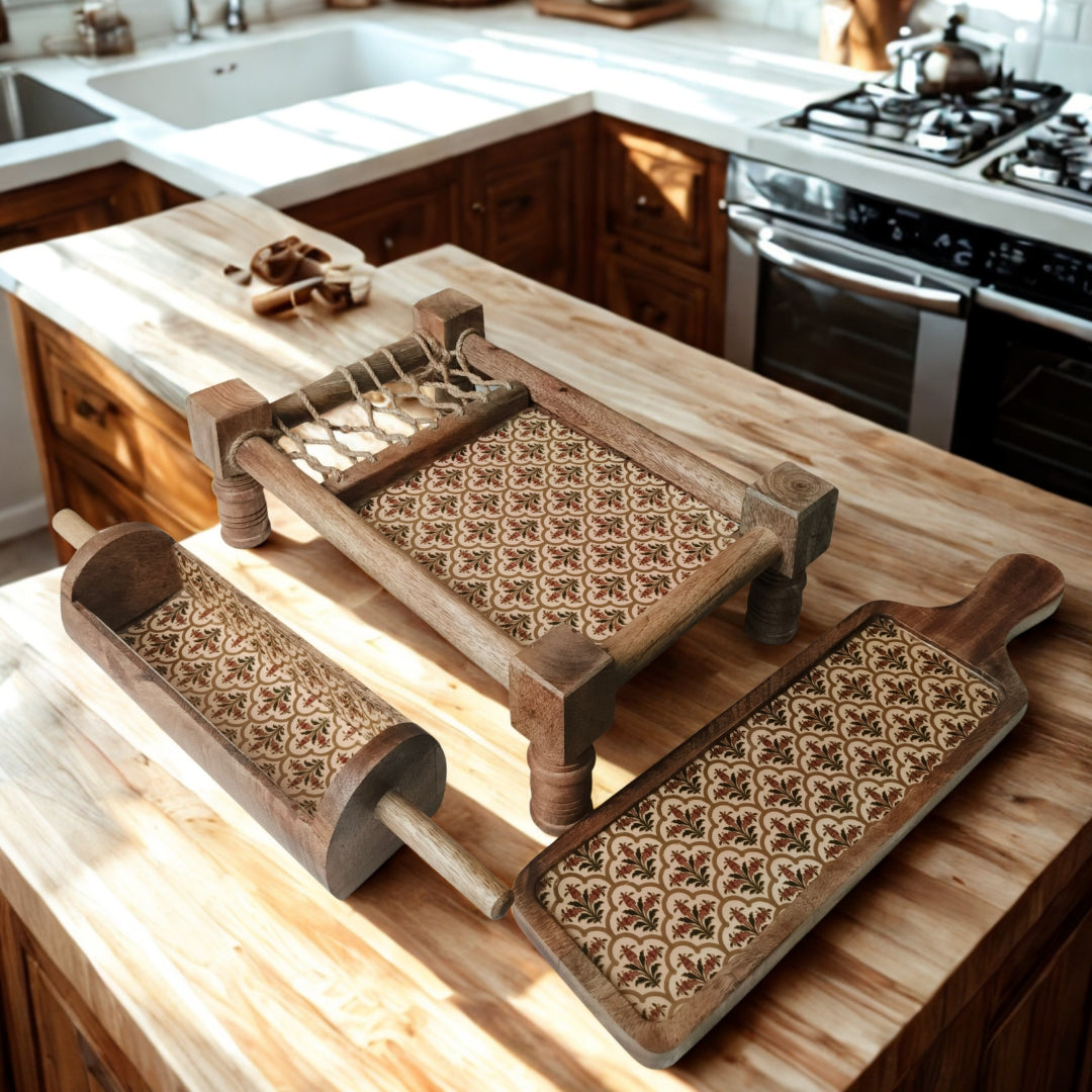 peach mughal print & enameled Wooden Khatiya Platter Set of 3 - khatiya platter , belan platter , bat platter