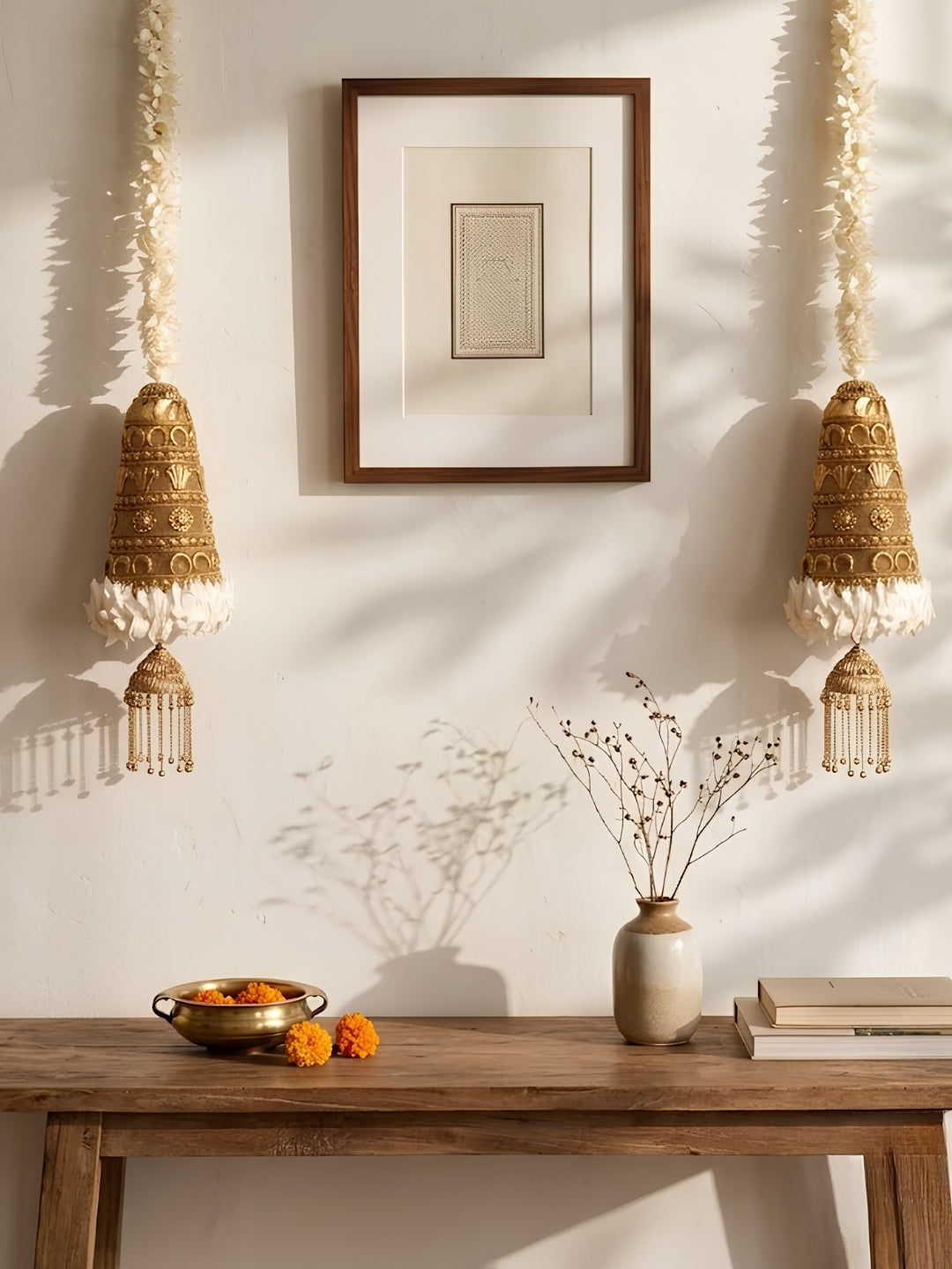 Artificial White gajra with metal cone sidehanging set of 2 -Medium