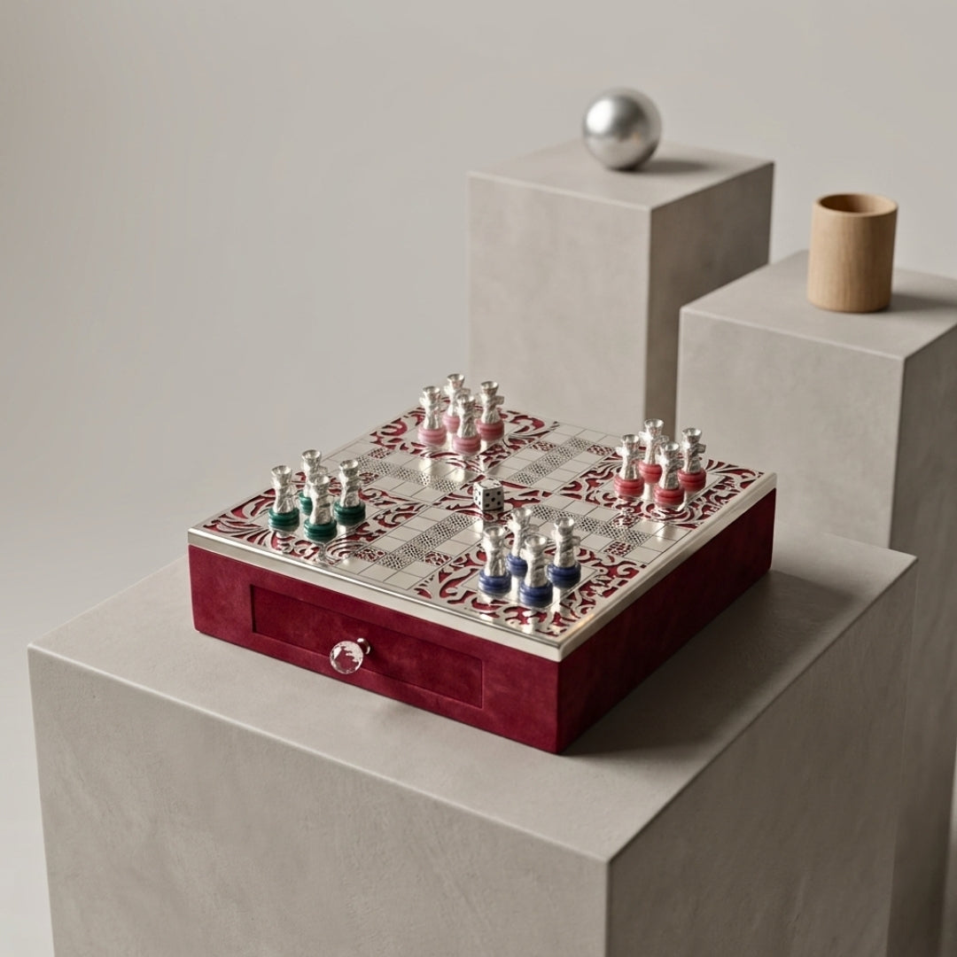 Luxury Silver Plated Ludo Box with Pull-Out Drawer, Metal Pawns & Red Velvet Base