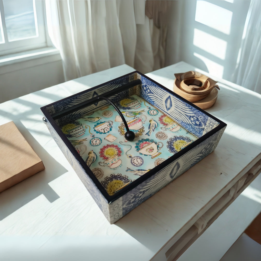 Square tissueholder - Wooden Blue Cup Design Print & Enamel