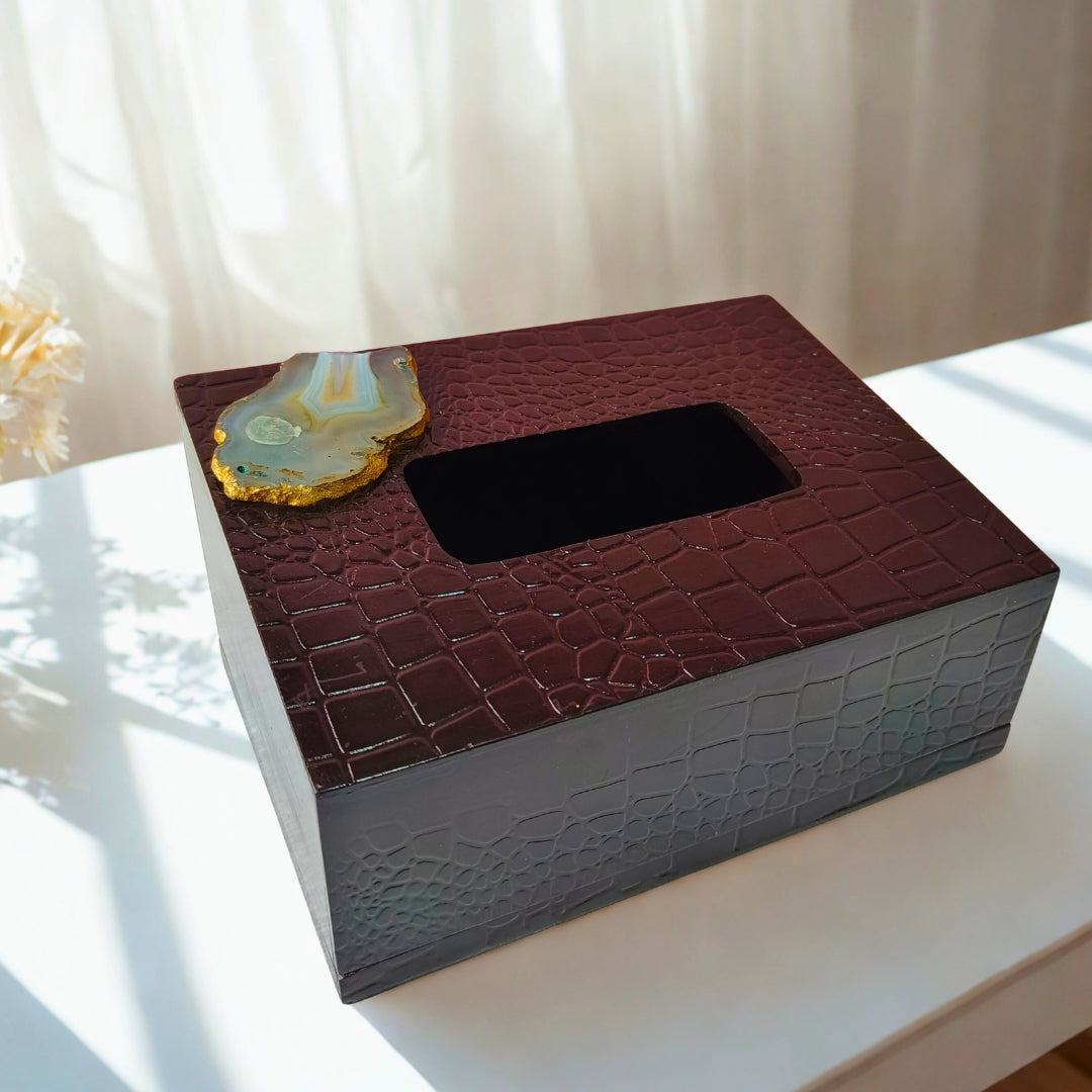 Tissue Box - Wooden Walnut Finish With Agate Stone