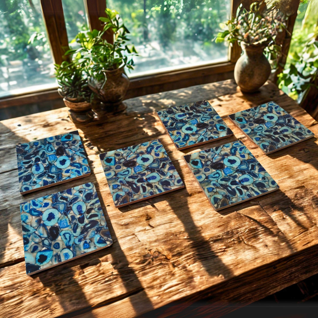 Table Coaster - Wooden Blue Agate Print With Enamel Set of 6