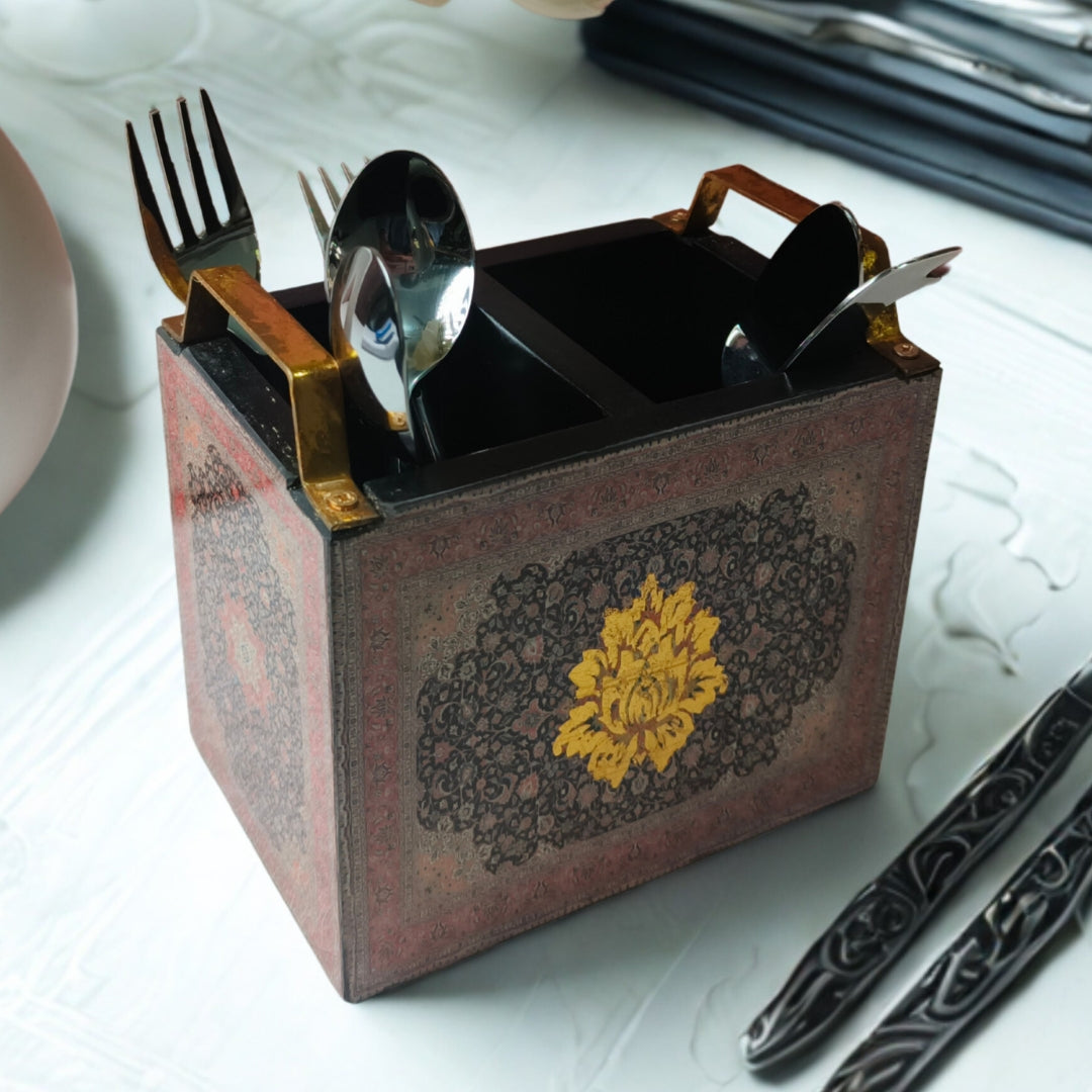 Wooden maroon turkish print & enamelled 2 Partition Caddy