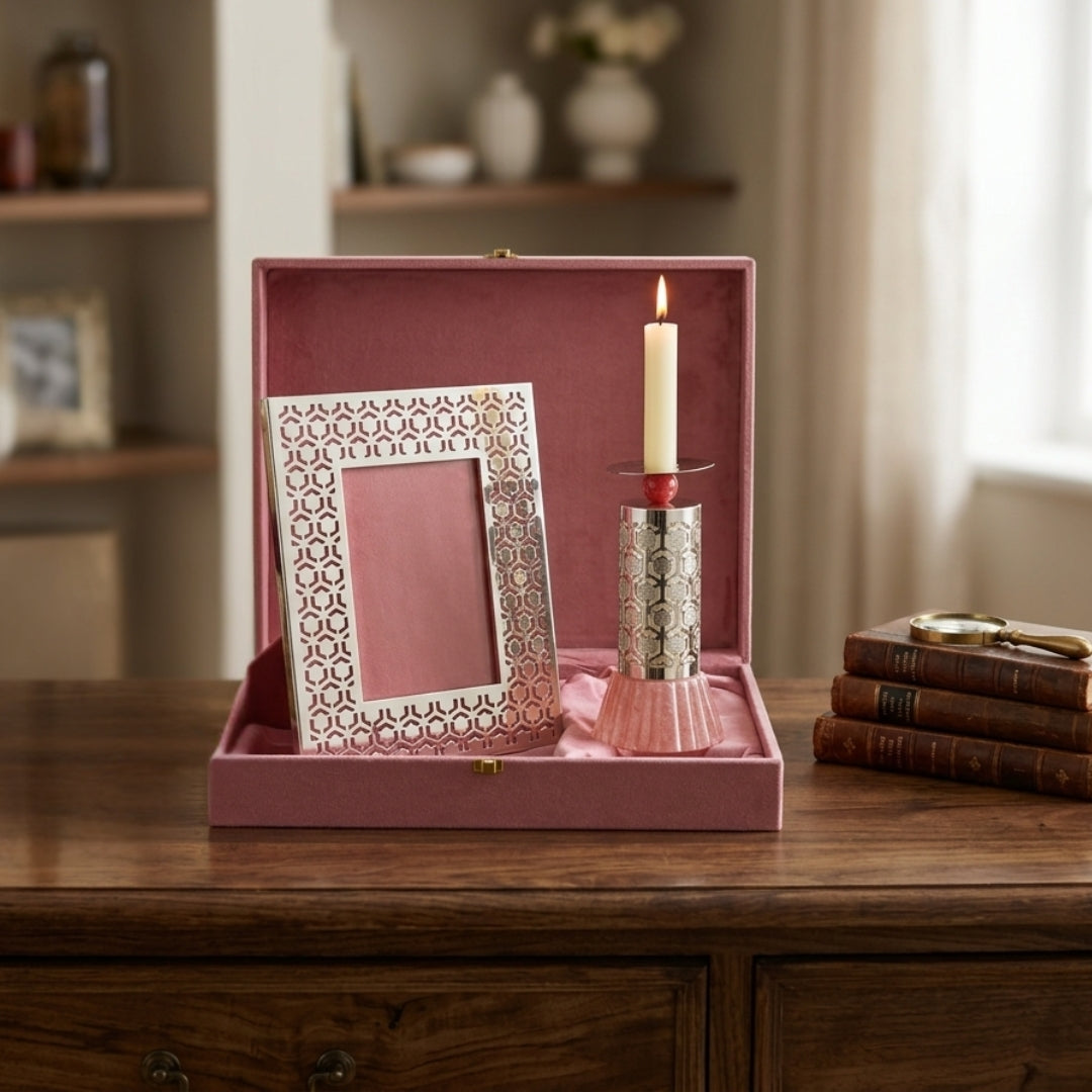 Luxury Silver Plated Photo Frame & Candle Holder Gift Set in Premium Pink Box