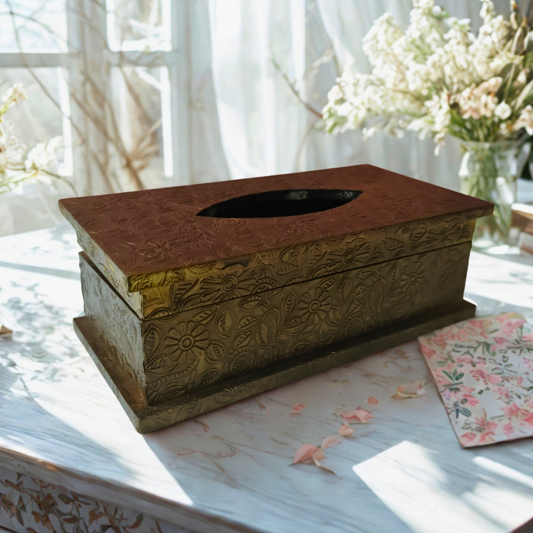Tissue Box - Wooden Brass Etched Design