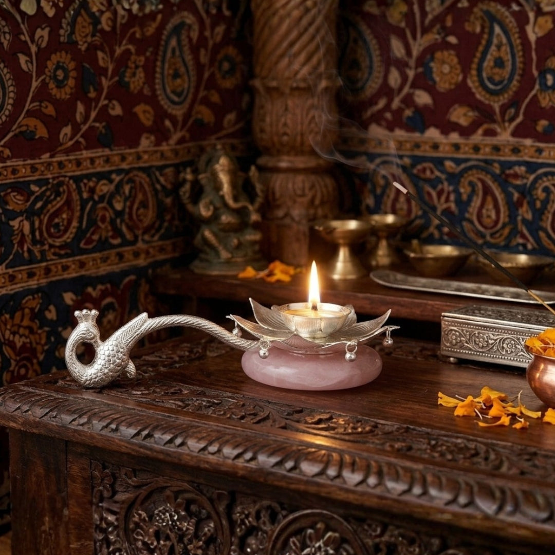 Luxury Silver Plated Lotus Diya with Peacock Handle & Pink Quartz Base