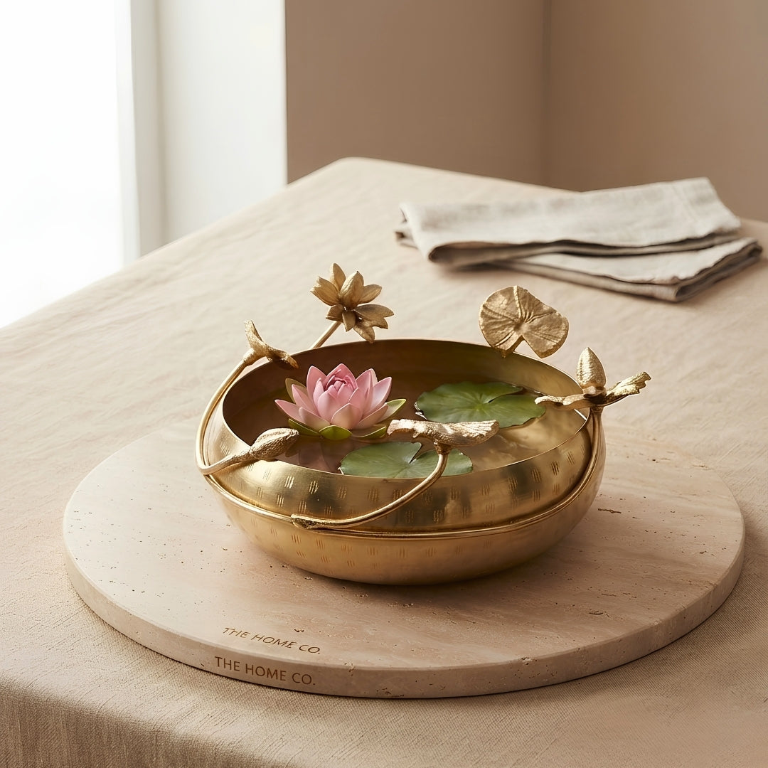 Decorative Brass Lotus Floating Bowl with Flowers