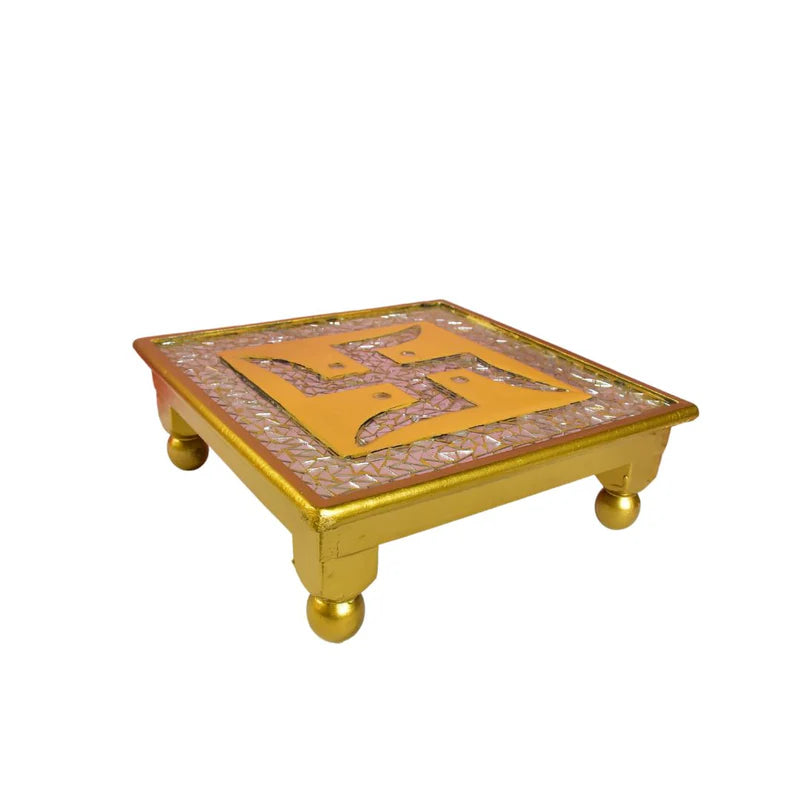 Swastic Design Mosaic Chips Wooden Chowki Large 16"
