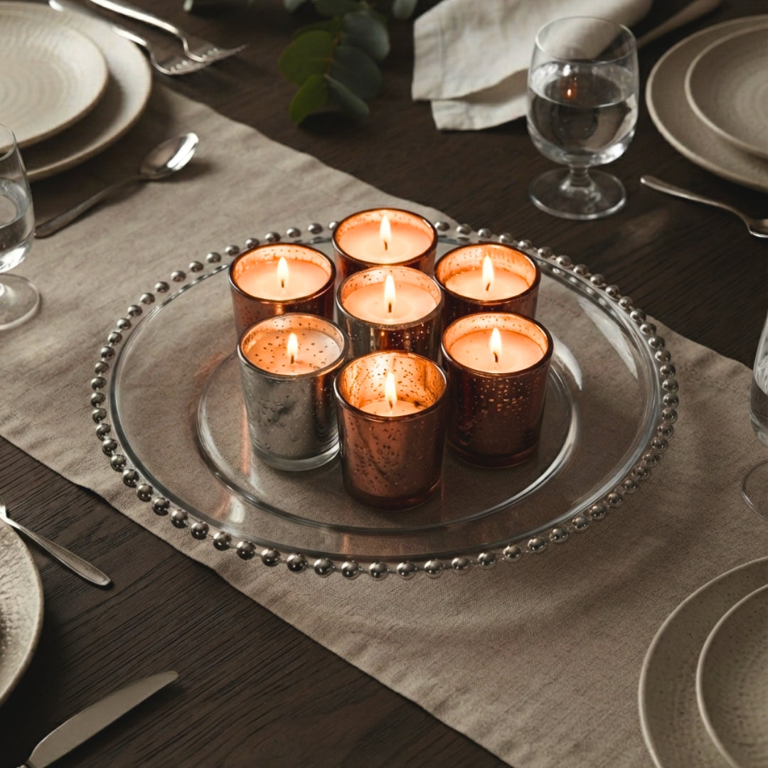 Set of 5 Metallic Luster Glass Votive Scented Candles ( 2 pc Silver, 3 pc Copper)