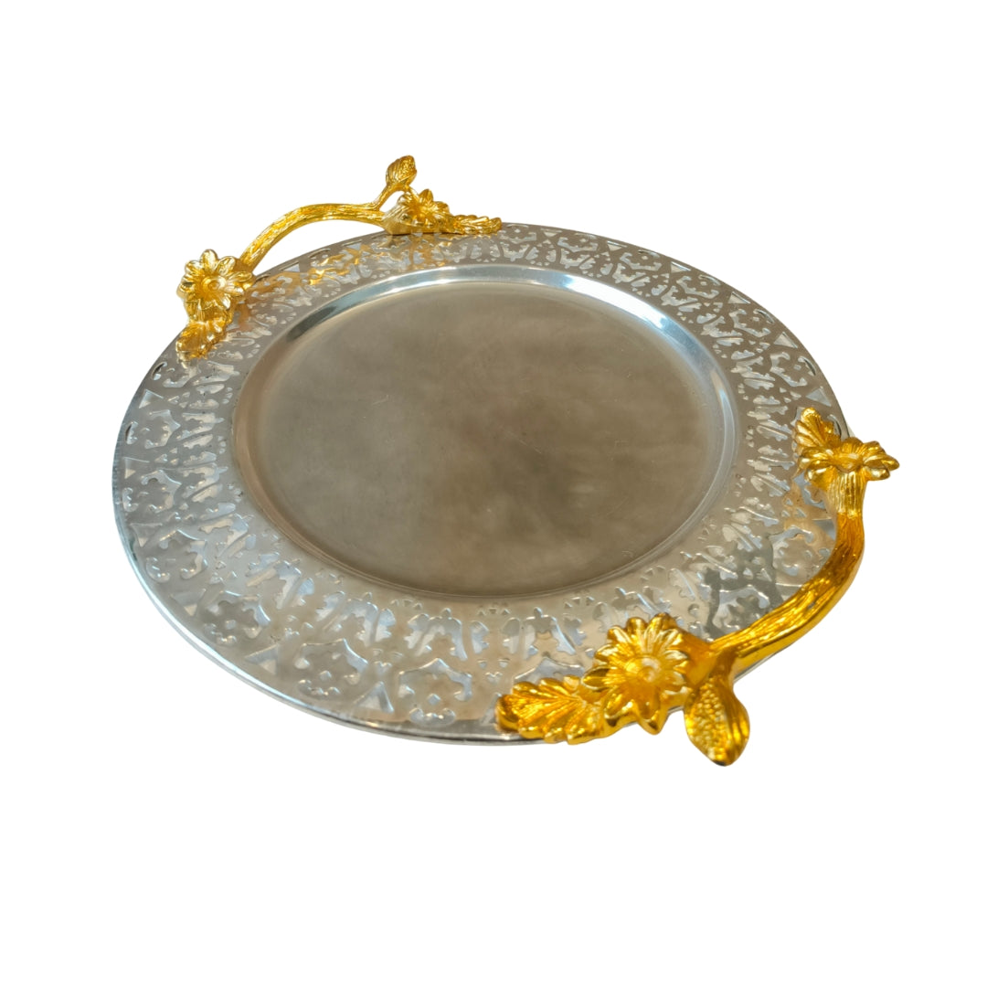 Brass metal silver plated round cutwork tray with metal handle large