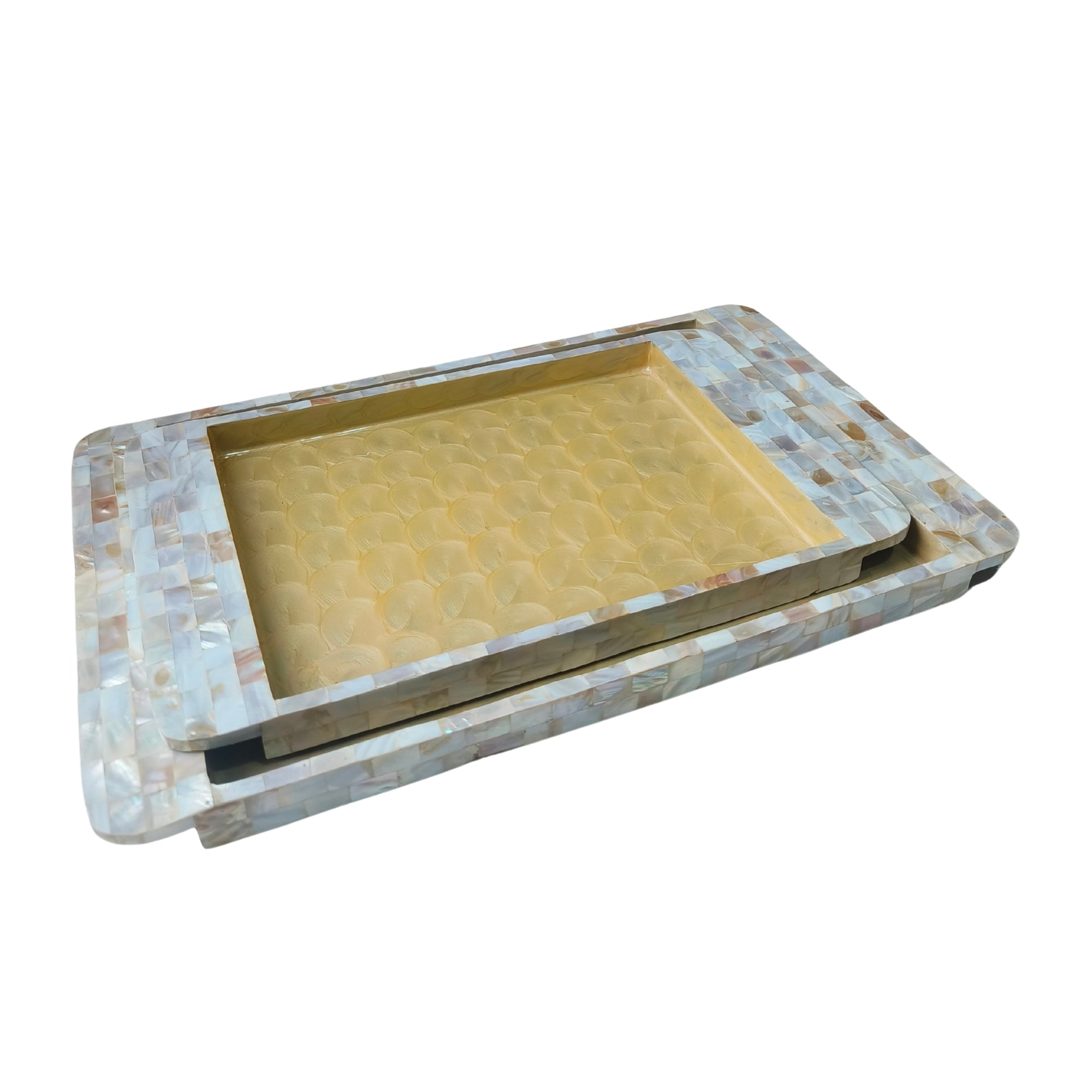 Rectangle Tray Set Of 2 - Wooden with White mother of pearl & yellow enamel