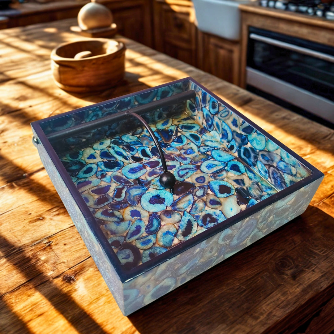 Square tissueholder - Wooden Blue Agate Print & Enamel