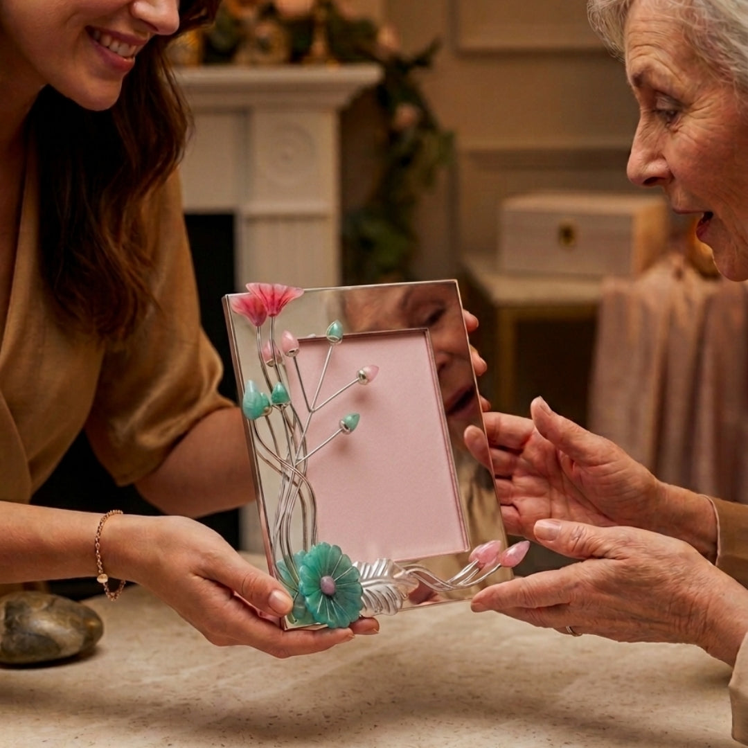 Silver-Plated Photo Frame with Pink & Teal Resin Floral Accents