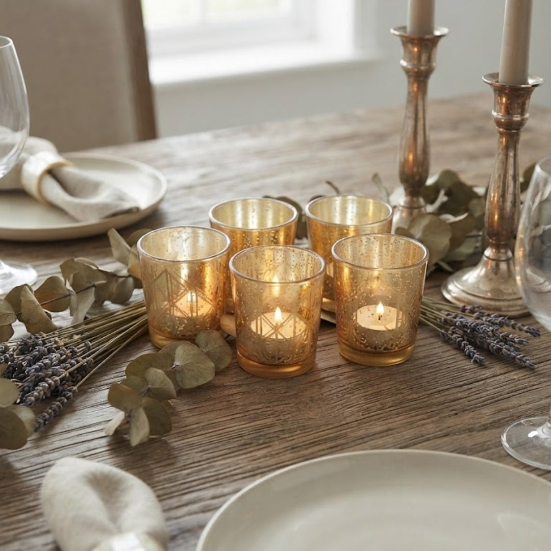 Diamond-Cut Gold Glass Votive Candle Holders – Elegant Set of 5