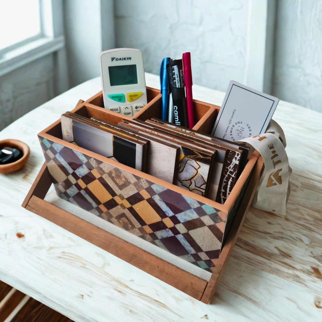 Caddy With Handle - Wooden 4 Partition Blue & Brown Diamond Print With Enamel