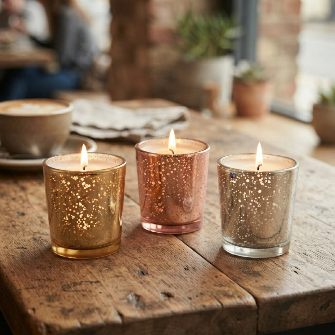 Set of 3 Metallic Luster Glass Votive Scented Candles (Gold, Silver, Copper)