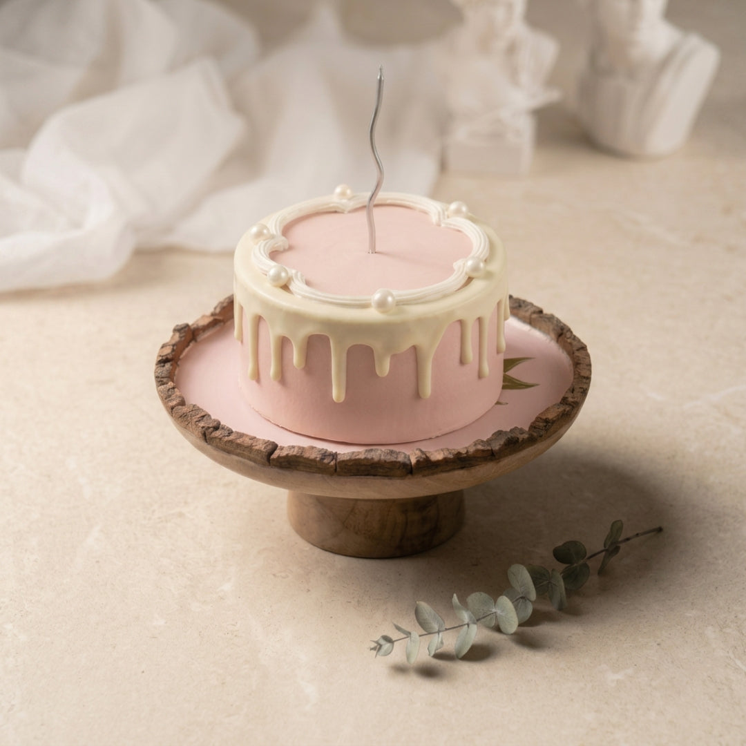 Peach Enamel Wooden Cake Stand with Tulip Foil Print