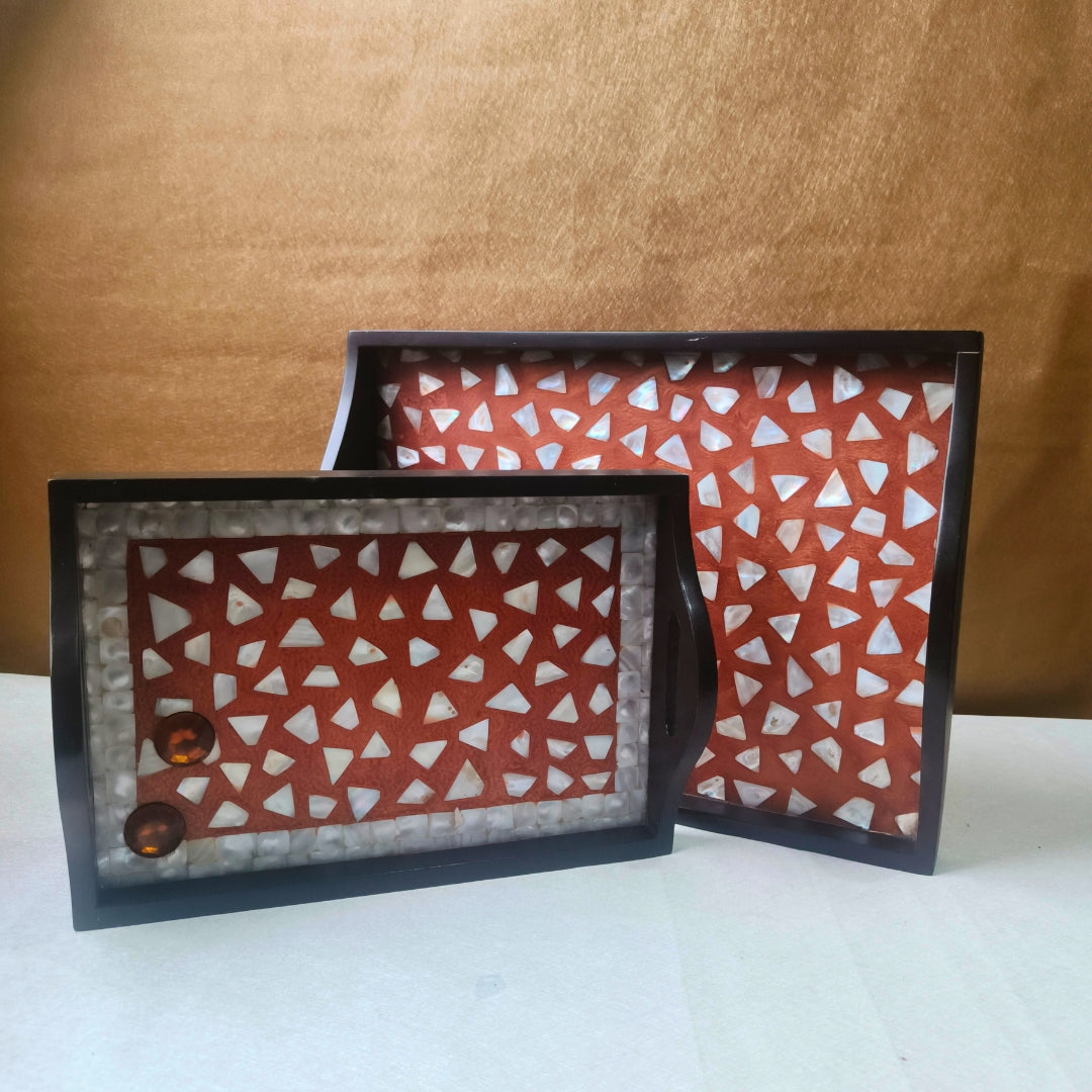 Set of 2 - wooden mother of pearl & chemical trays