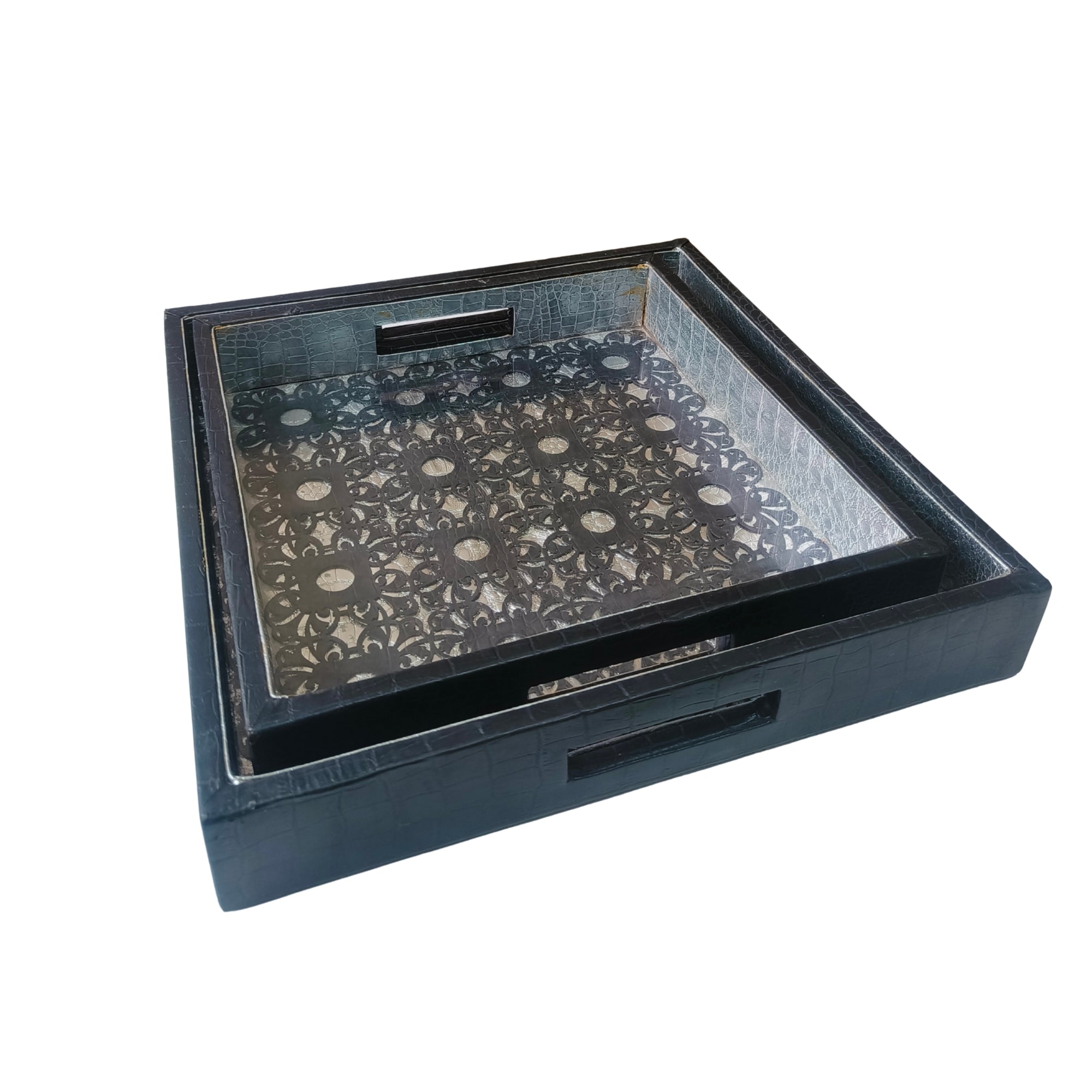 Black Square Leather Tray set of 2
