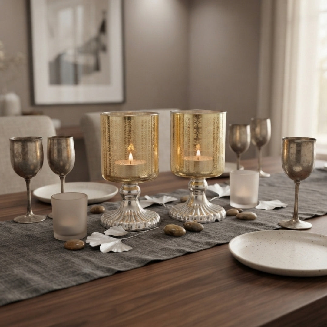 Set of 2 Yellow Leaf-Etched Glass Pedestal Tea Light Holders