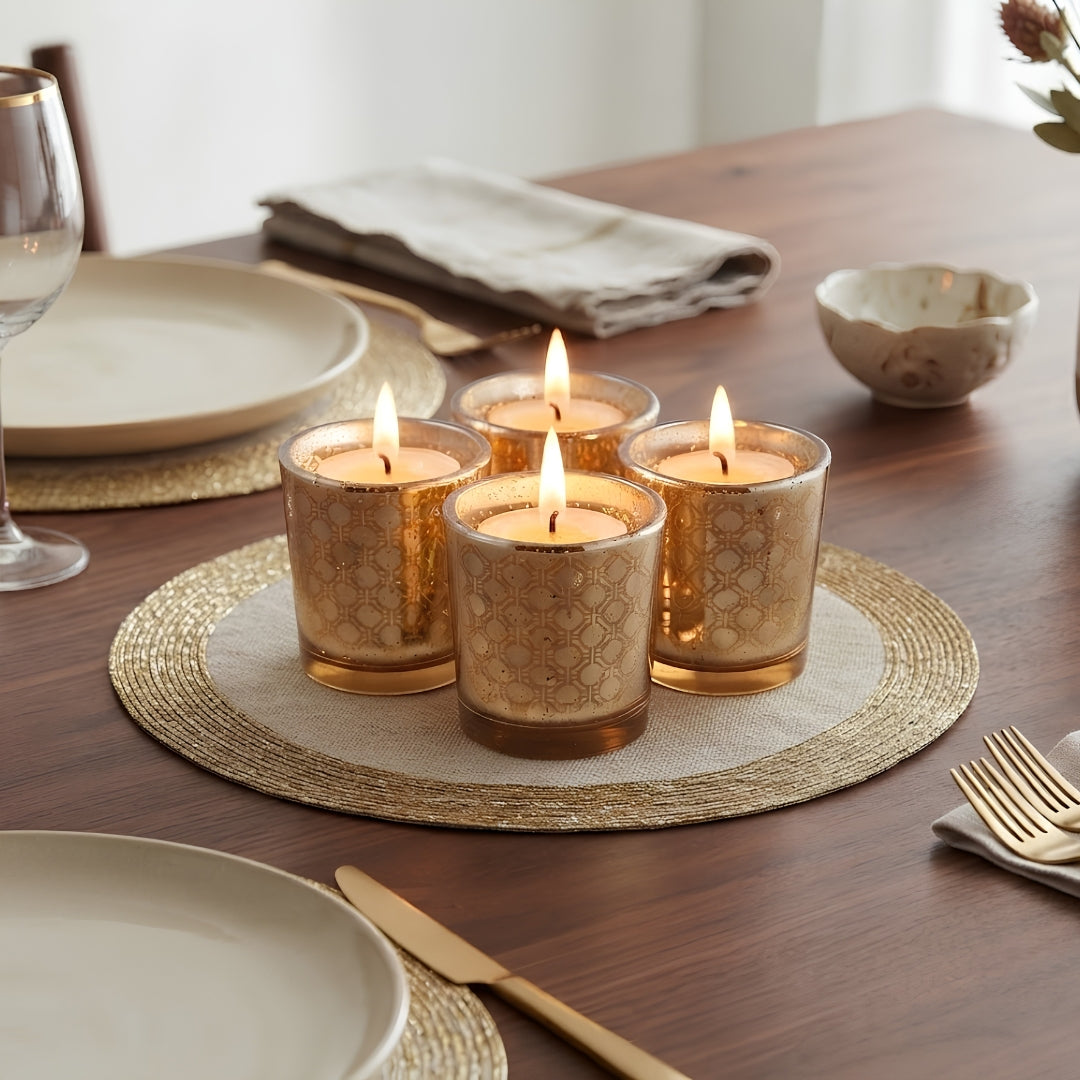 Etched Mosiac design Gold Glass Votive Candle Holders - Elegant Small Set of 4