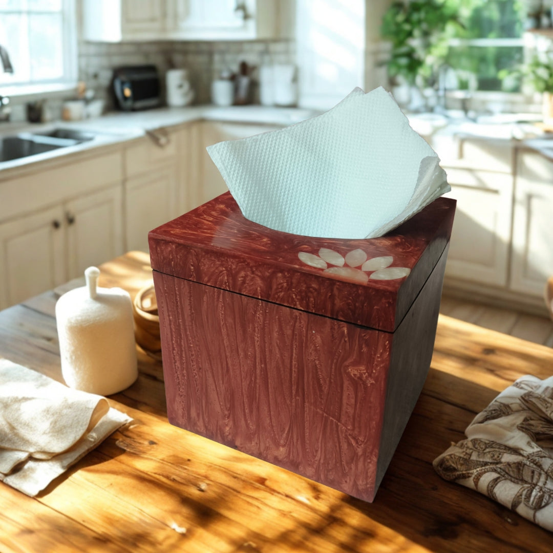 Square Tissue Box - Wooden with Resin Floral Design