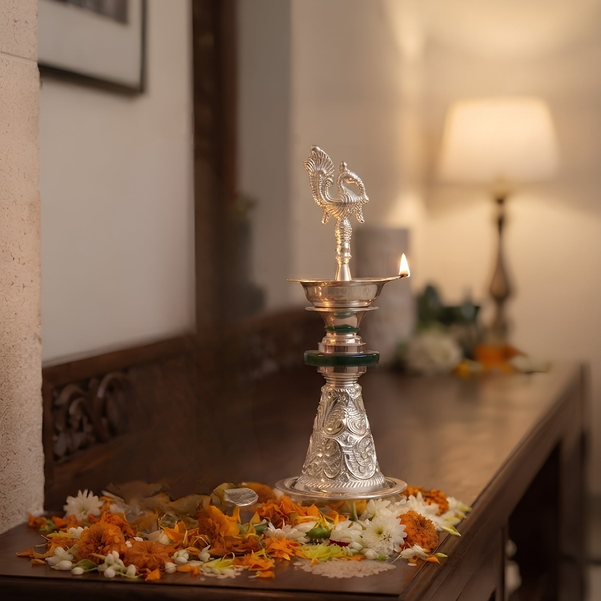 Silver-Plated Peacock Diya with Velvet Gift Boxe- Green SINGLE PC