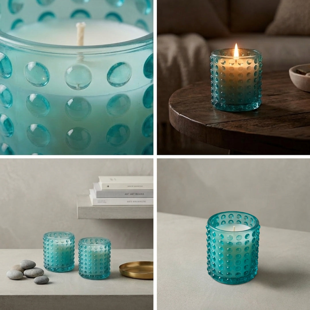 Blue Dotted Glass Votive Candle Holders - Scented Wax Set (Set of 2)