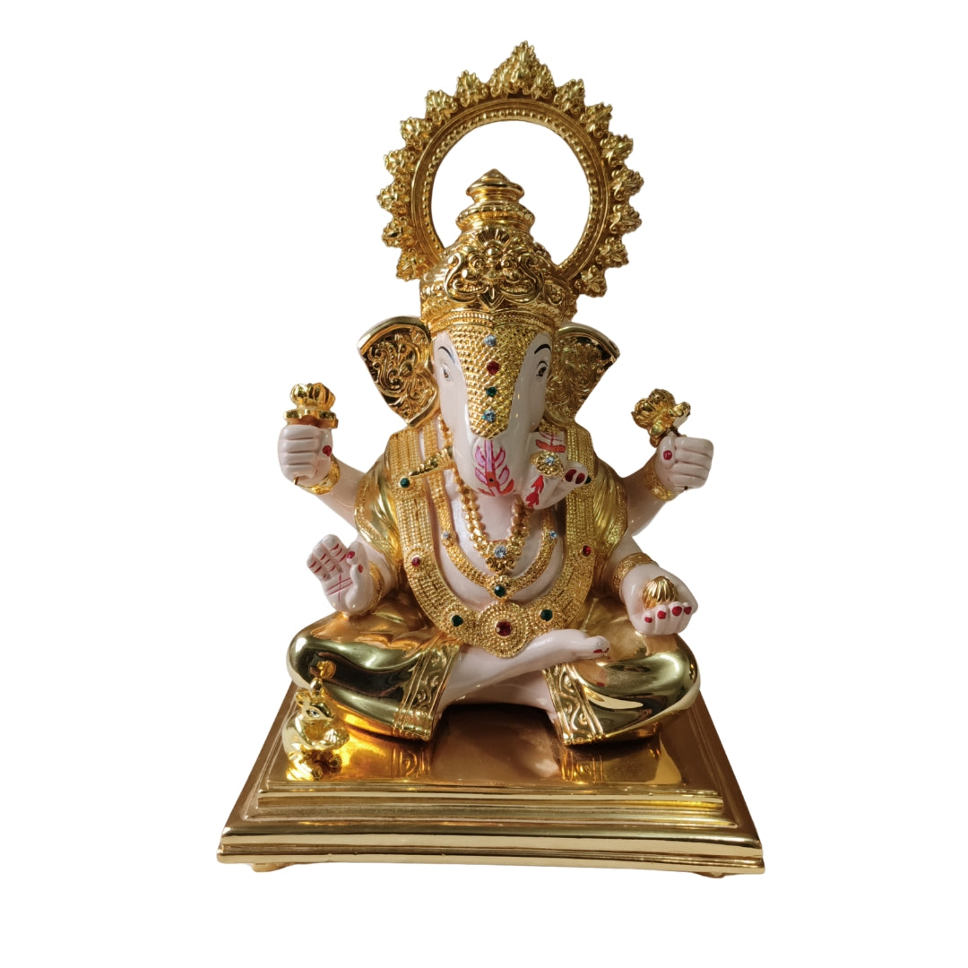 Premium 24K Gold-Plated Lord Ganesha Idol – Exquisite Handcrafted Ganpati Murti for Home Decor, Office Desk & Luxury Gifting ( White & Gold Finish)