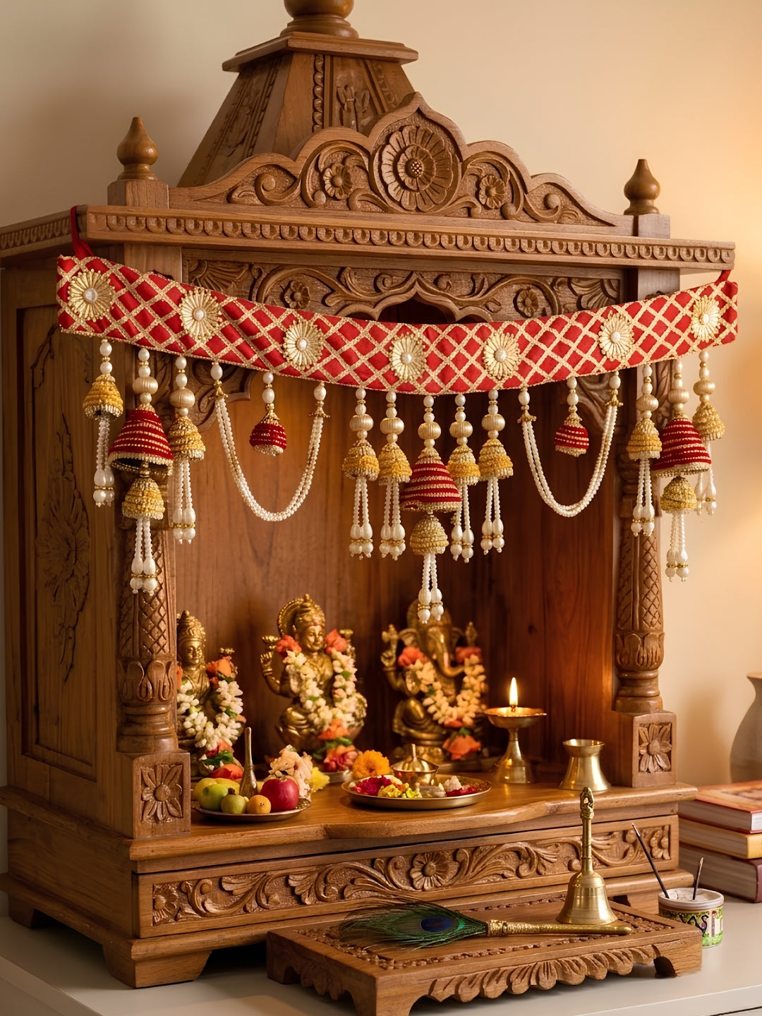 red gota cloth top with yellow & red gota cone hanging toran