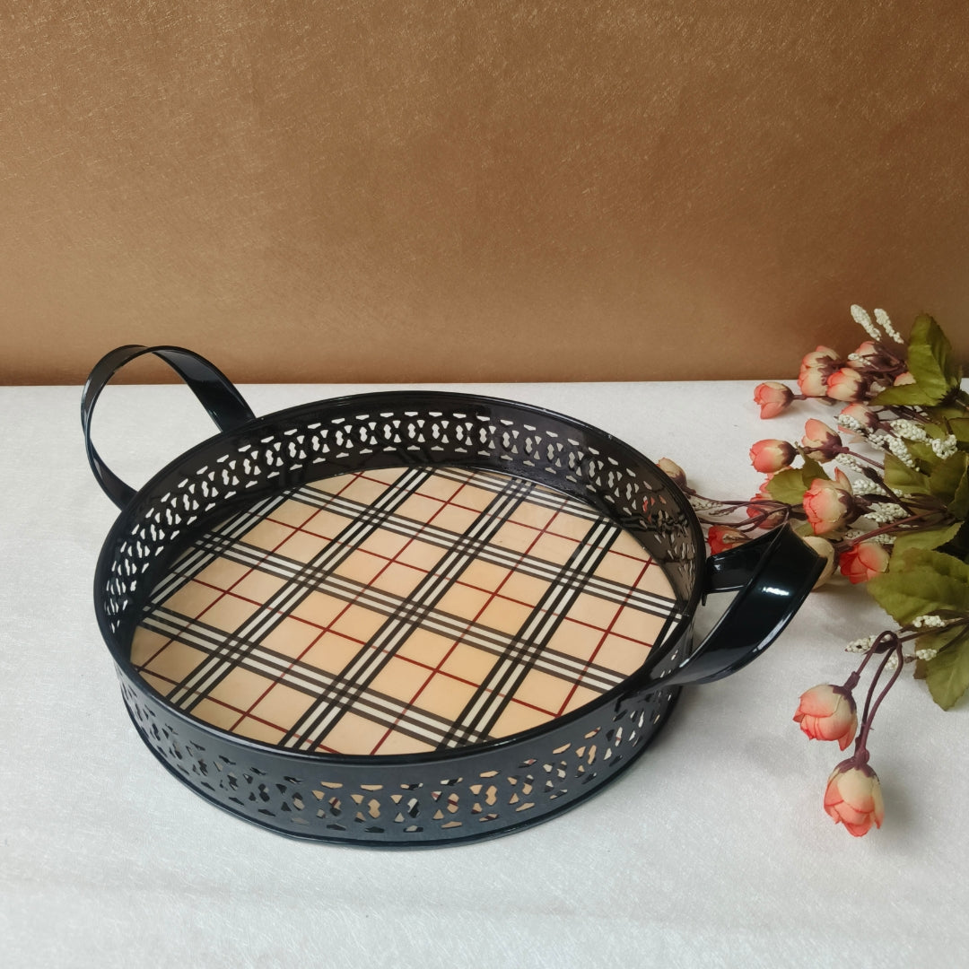 Checks Print Metal Tray With Handle Large