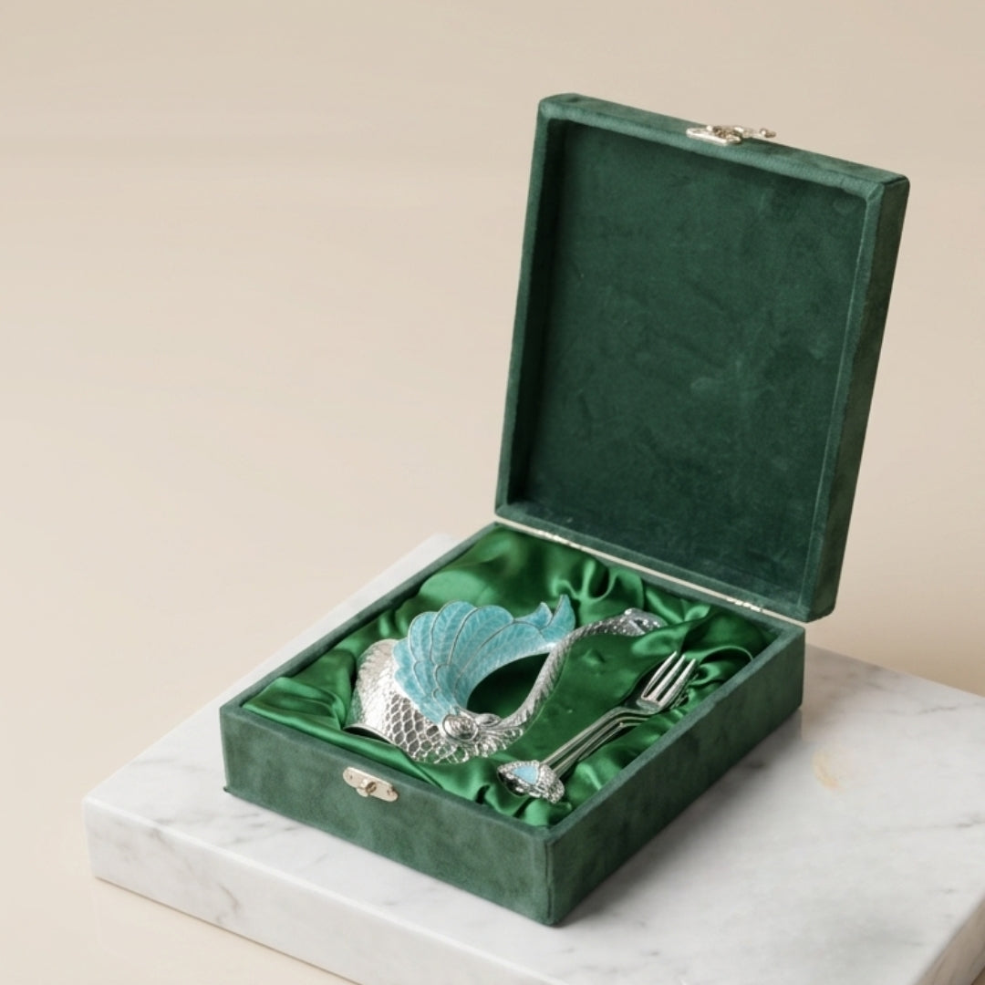 Blue Metal Swan Holder with Set of 6 Dessert Forks in Premium Gift Box
