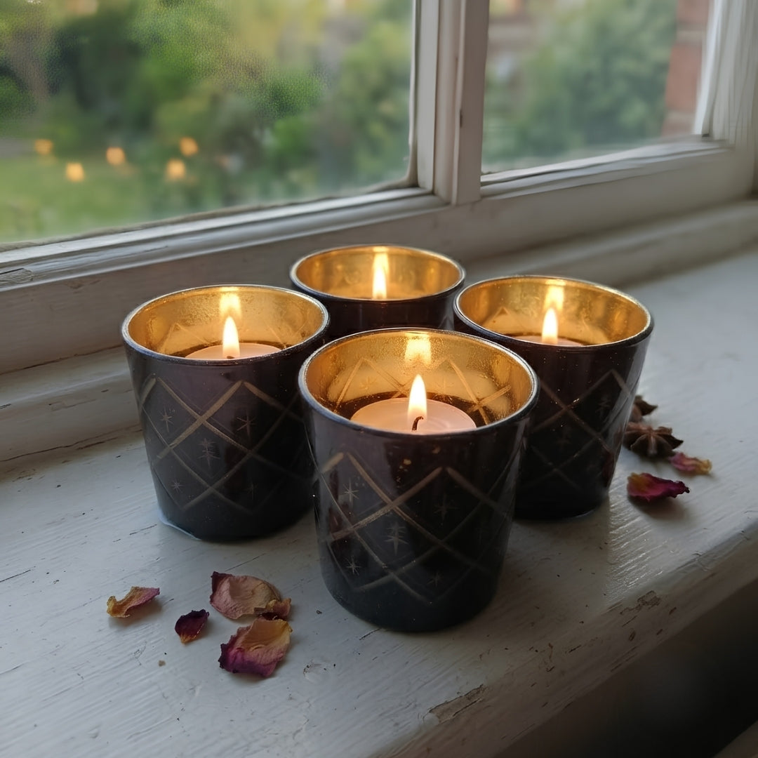 Etched Black Glass Votive Candle Holders - Elegant Small Set of 4