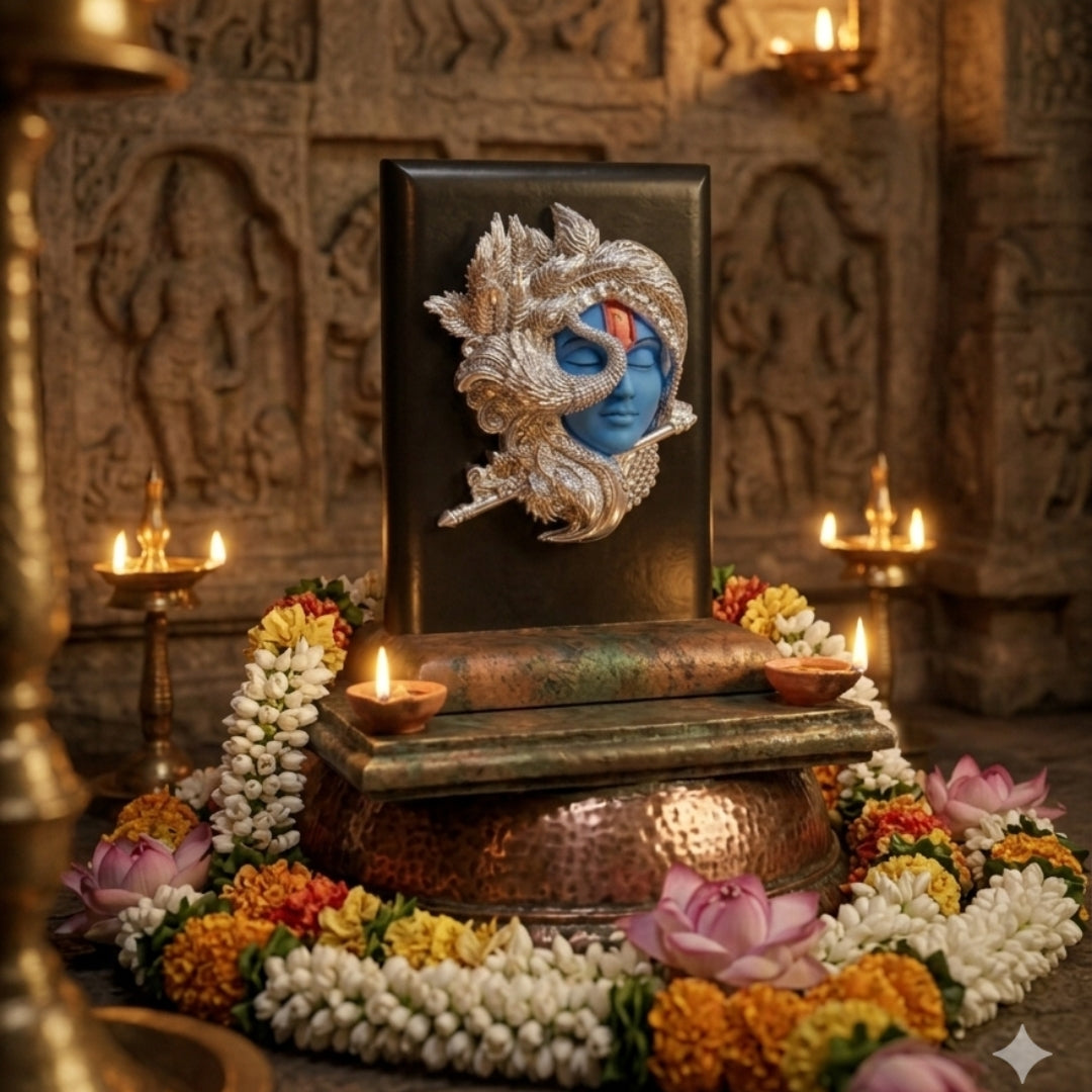 The Home Co. 999 Pure Silver Plated Krishnaji Face Idol | Divine Shri Krishna Spiritual Decor in Premium Velvet Box