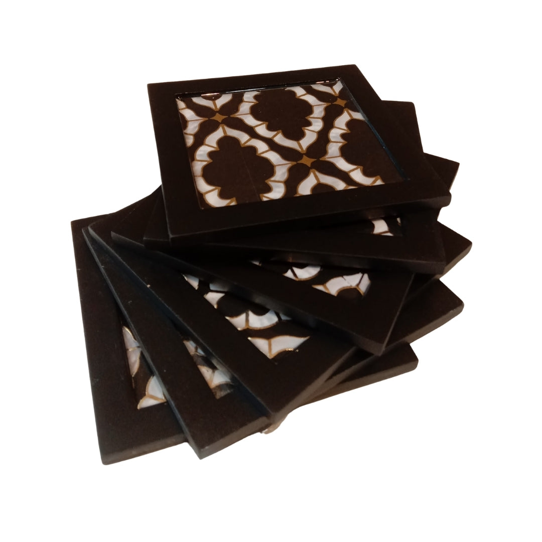 Table Coaster - black mosaic print & enamel with deco set of 6