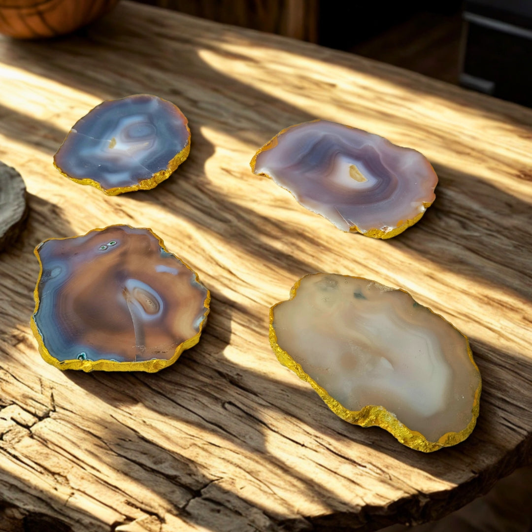 Table Coaster - Multi Colour Agate Stone with Gold Lining Set Of 4