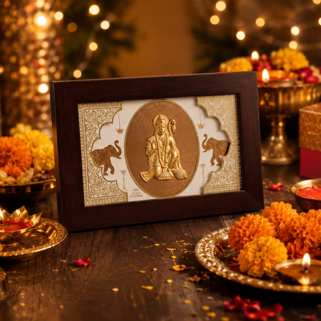 24K Gold Plated Shree Hanuman Ji Wooden Photo Frame | Divine Bajrangbali Idol for Wall & Table