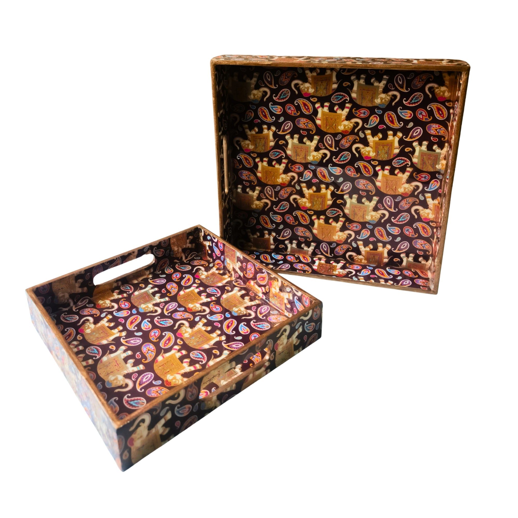 Rectangle wooden Golden Elephant Embossy Design Enamel Tray set of 2