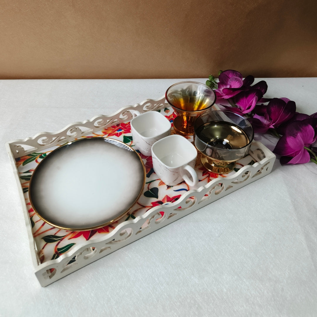 White Orange Flower Cutwork Wooden Tray Small