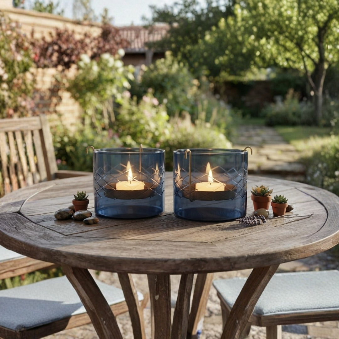 Set of 2 Blue Glass Votives with Internal Metal Tea Light Holders