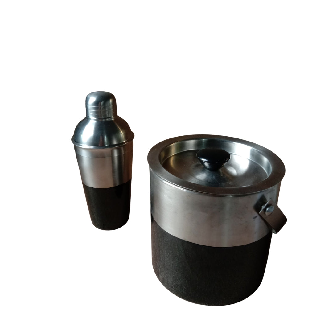 Stainless Steel ice bucket & Shaker with black enamel -set of 2