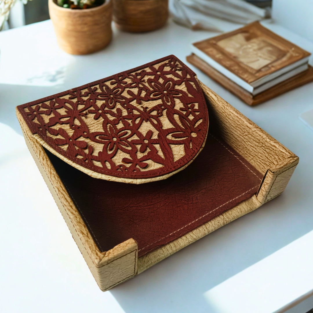 Square tissueholder - Leatherette Brown Floral Cut Design