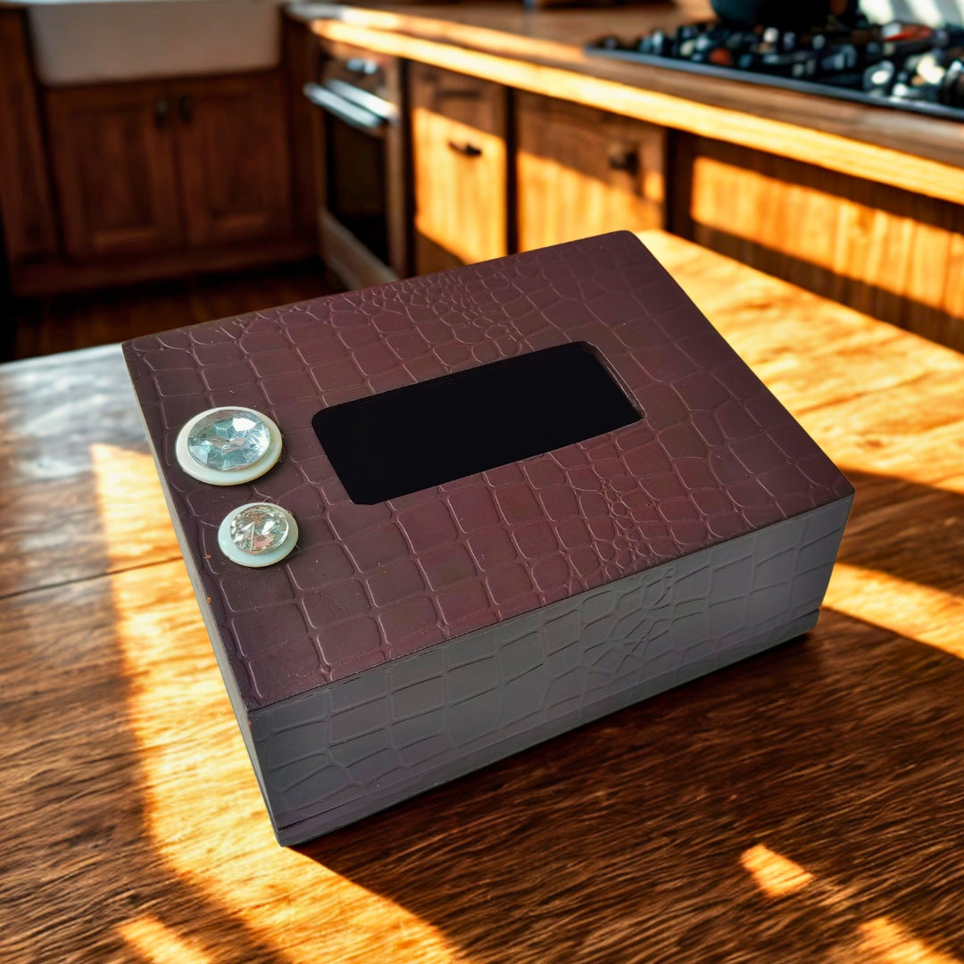 Tissue Box - Wooden Walnut Finish With Diamond Stone