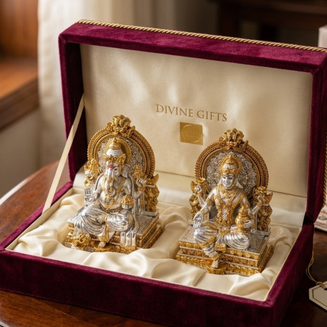 The Home Co- 999 Pure Silver & 24K Gold Plated The Divine Union: Lakshmi & Ganesha Silver & Gold Plated Fiber Idols(seating on sihasan )