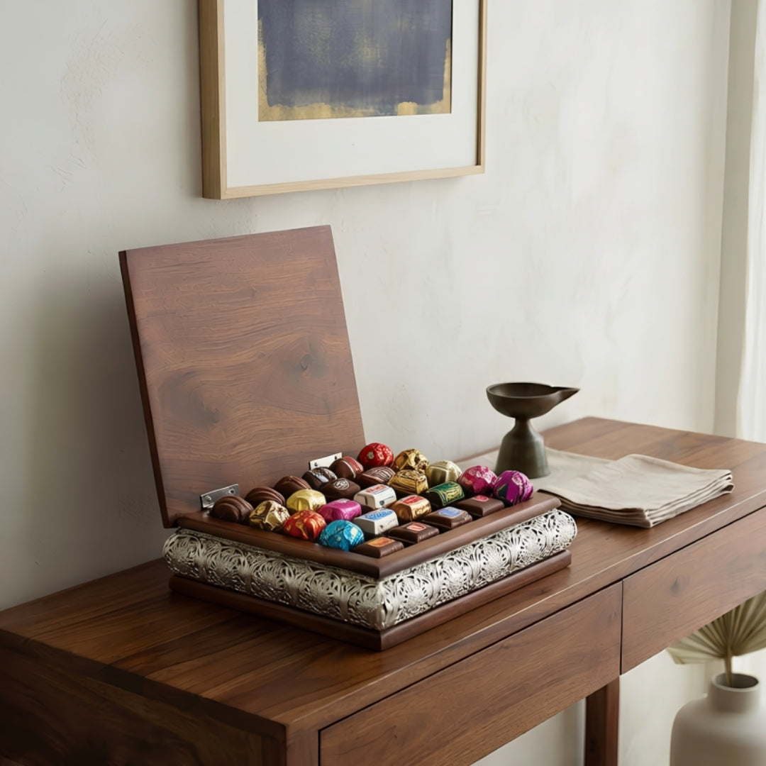 Wooden Decorative Silver-Plated Box - square